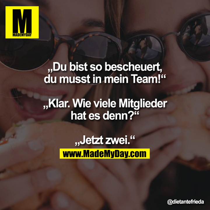 „Du bist so bescheuert,  du musst in mein Team!“  <br />
„Klar. Wie viele Mitglieder  hat es denn?“   <br />
„Jetzt zwei.“