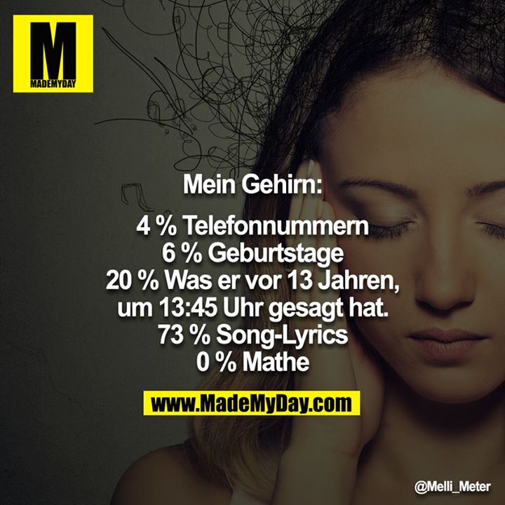 Mein Gehirn:<br />
<br />
4 % Telefonnummern<br />
6 % Geburtstage<br />
20 % Was er vor 13 Jahren, um 13:45 Uhr gesagt hat.<br />
73 % Song-Lyrics<br />
0 % Mathe