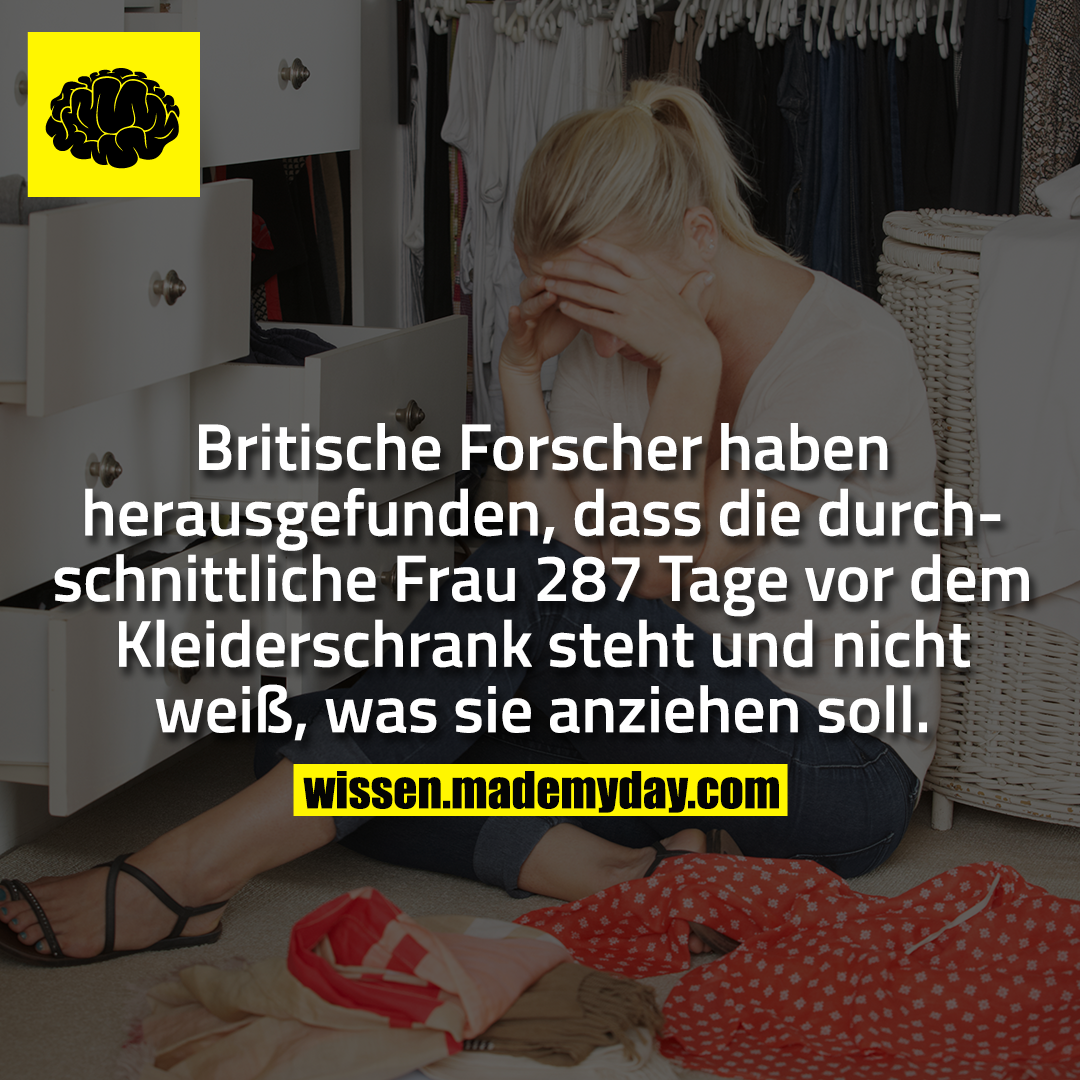 Britische Forscher haben herausgefunden, dass die durchschnittliche Frau 287 Tage vor dem Kleiderschrank steht und nicht weiß, was sie anziehen soll.