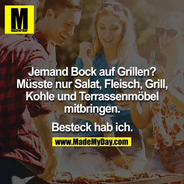 Jemand Bock auf Grillen? Müsste nur Salat, Fleisch, Grill, Kohle und Terrassenmöbel mitbringen. Besteck hab ich.