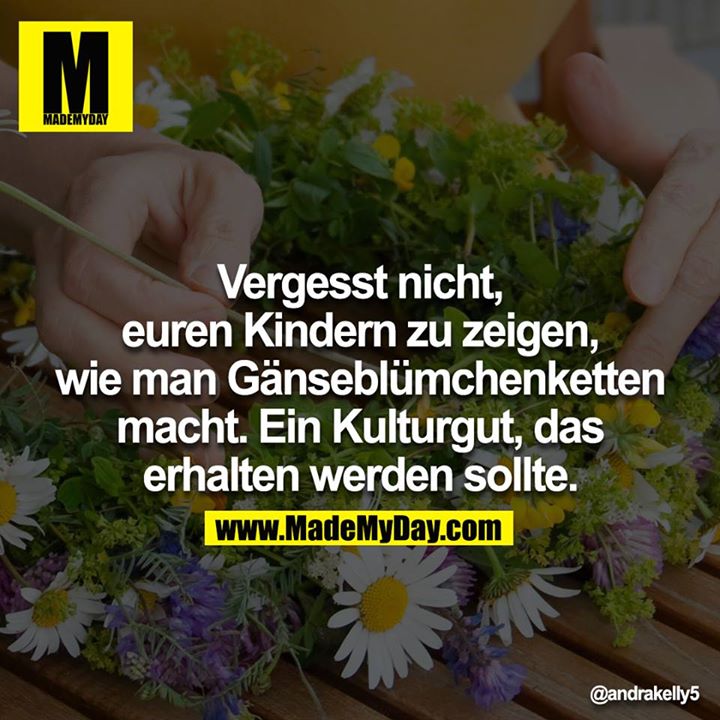 Vergesst nicht, euren Kindern zu zeigen, wie man Gänseblümchenketten macht. Ein Kulturgut, das erhalten werden sollte.