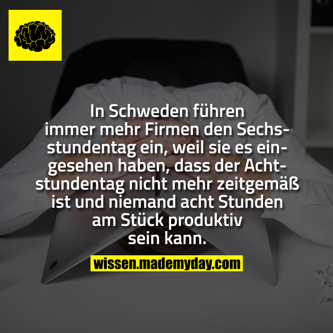 In Schweden führen immer mehr Firmen den Sechsstundentag ein, weil sie es eingesehen haben, dass der Achtstundentag nicht mehr zeitgemäß ist und niemand acht Stunden am Stück produktiv sein kann.
