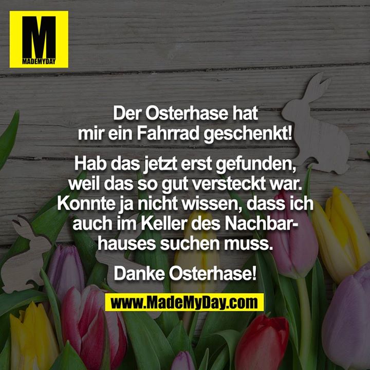 Der Osterhase hat mir ein Fahrrad geschenkt! <br />
<br />
Hab das jetzt erst gefunden, weil das so gut versteckt war. Konnte ja nicht wissen, dass ich auch im Keller des Nachbarhauses suchen muss.<br />
<br />
Danke Osterhase!