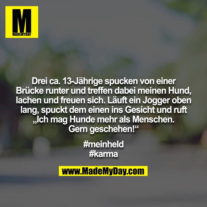 Drei ca. 13-Jährige spucken von einer Brücke runter und treffen dabei meinen Hund, lachen und freuen sich. Läuft ein Jogger oben lang, spuckt dem einen ins Gesicht und ruft „Ich mag Hunde mehr als Menschen. Gern geschehen!“<br />
<br />
#meinheld<br />
#karma