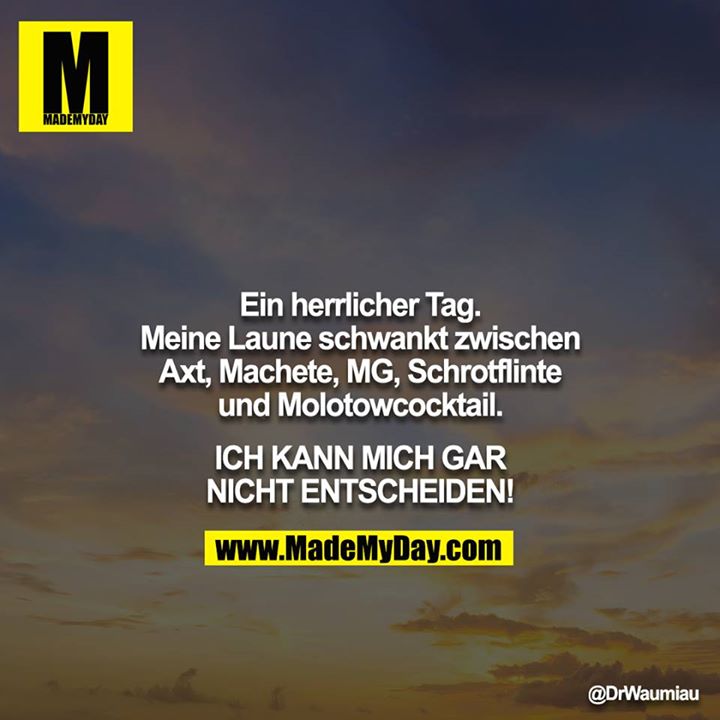 Ein herrlicher Tag. Meine Laune schwankt zwischen Axt, Machete, MG, Schrotflinte und Molotowcocktail.<br />
<br />
ICH KANN MICH GAR NICHT ENTSCHEIDEN!