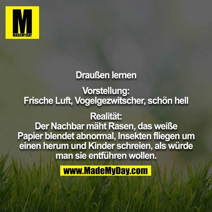 Draußen lernen<br />
<br />
Vorstellung:<br />
Frische Luft, Vogelgezwitscher, schön hell<br />
<br />
Realität:<br />
Der Nachbar mäht Rasen, das weiße Papier blendet abnormal, Insekten fliegen um einen herum und Kinder schreien, als würde man sie entführen wollen.
