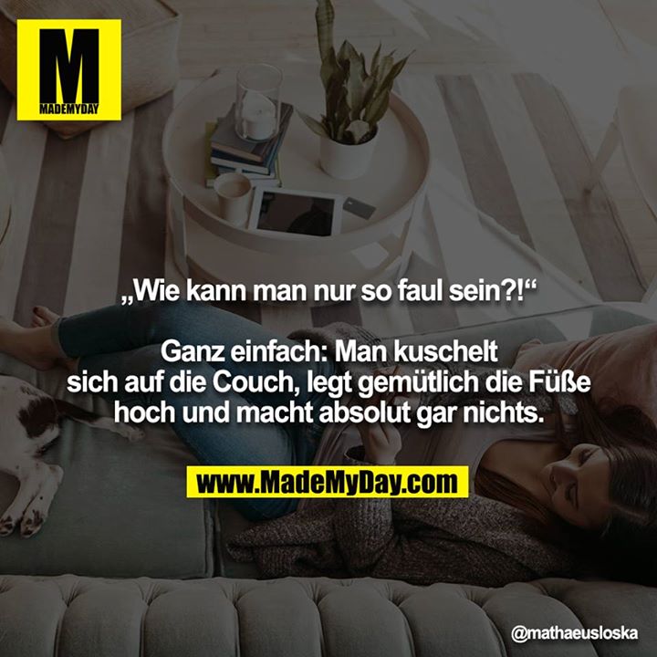 „Wie kann man nur so faul sein?!“<br />
<br />
Ganz einfach: Man kuschelt sich auf die Couch, legt gemütlich die Füße hoch und macht absolut gar nichts.