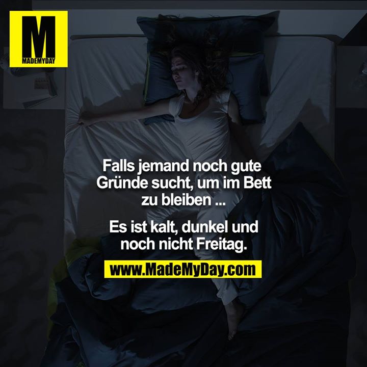 Falls jemand noch gute Gründe sucht, um im Bett zu bleiben ...<br />
<br />
Es ist kalt, dunkel und noch nicht Freitag.
