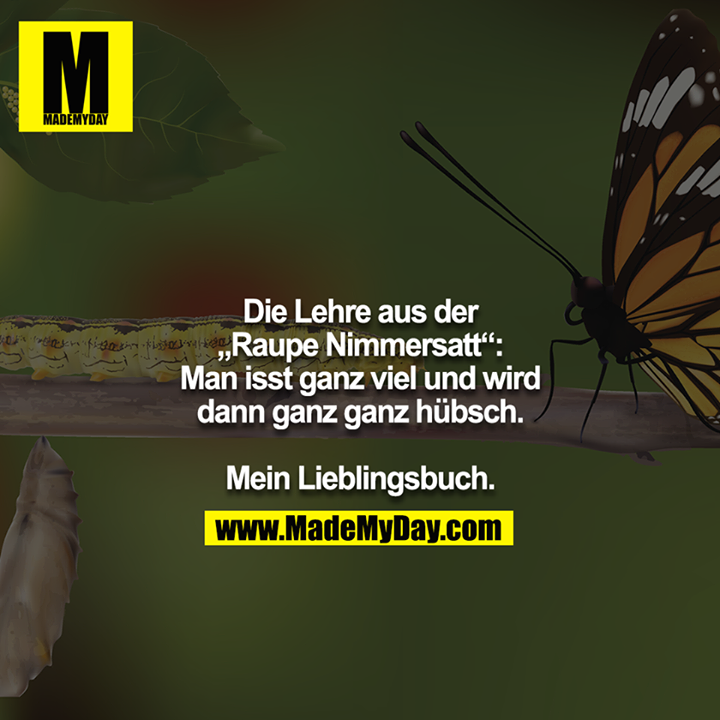 Die Lehre aus der „Raupe Nimmersatt“: Man isst ganz viel und wird dann ganz ganz hübsch.<br />
<br />
Mein Lieblingsbuch.