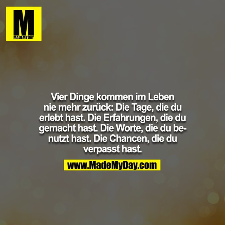 Vier Dinge kommen im Leben nie mehr zurück: Die Tage, die du erlebt hast. Die Erfahrungen, die du gemacht hast. Die Worte, die du benutzt hast. Die Chancen, die du verpasst hast.