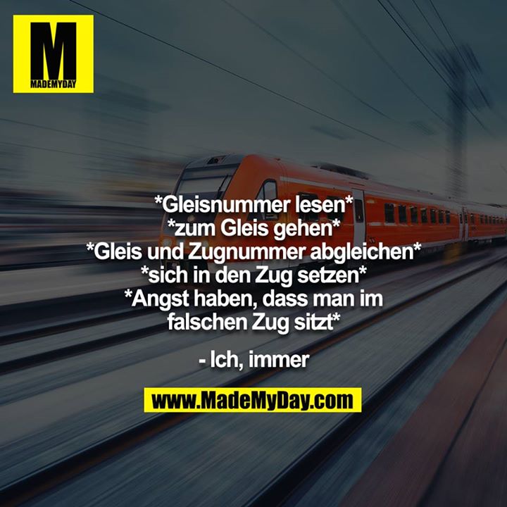 *Gleisnummer lesen*<br />
*zum Gleis gehen*<br />
*Gleis und Zugnummer abgleichen*<br />
*sich in den Zug setzen*<br />
*Angst haben, dass man im falschen Zug sitzt*<br />
<br />
- Ich, immer