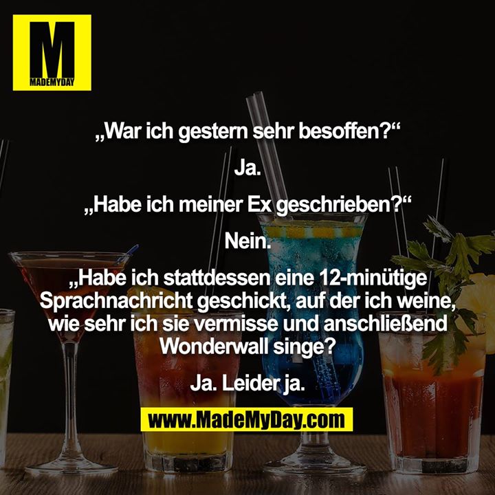 „War ich gestern sehr besoffen?“<br />
<br />
Ja.<br />
<br />
„Habe ich meiner Ex geschrieben?“<br />
<br />
Nein.<br />
<br />
„Habe ich stattdessen eine 12-minütige Sprachnachricht geschickt, auf der ich weine, wie sehr ich sie vermisse und anschließend Wonderwall singe?<br />
<br />
Ja. Leider ja.
