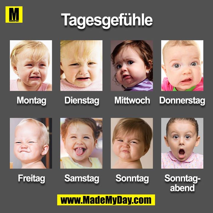 Tagesgefühle<br />
Montag<br />
Dienstag<br />
Mittwoch<br />
Donnerstag<br />
Freitag<br />
Samstag<br />
Sonntag Sonntagabend