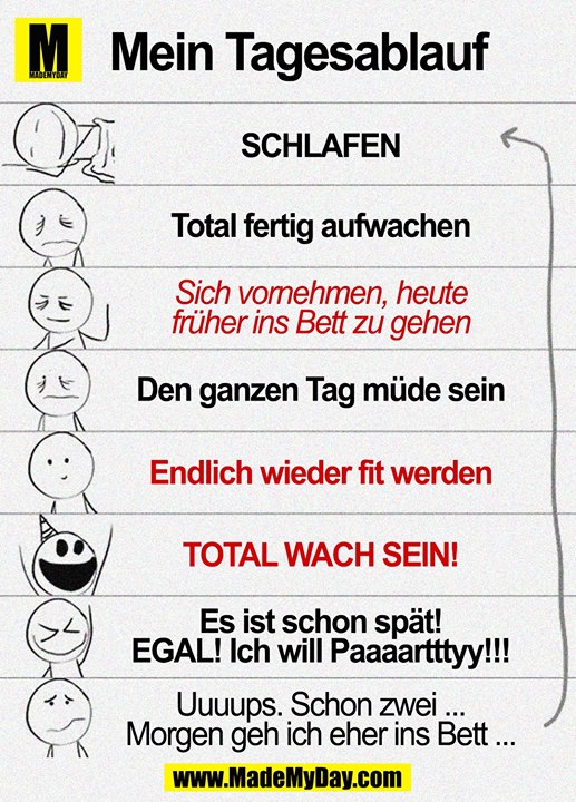 Mein Tagesablauf<br />
Schlafen<br />
Total fertig aufwachen<br />
Sich vornehmen, heute früher ins Bett zu gehen<br />
Den ganzen Tag müde sein<br />
Endlich wieder fit werden<br />
Total wach sein!<br />
Es ist schon spät!<br />
EGAL! Ich will Paaaartttyy!!!<br />
Uuuups. Schon zwei ...<br />
Morgen geh ich eher ins Bett ...