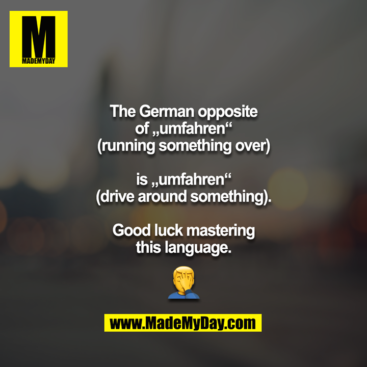 The German opposite of „umfahren“<br />
(running something over)<br />
<br />
is „umfahren“<br />
(drive around something).<br />
<br />
Good luck mastering this language.<br />
<br />
?