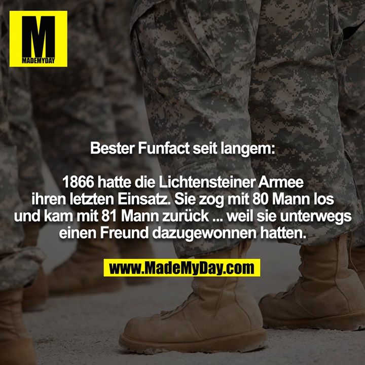 Bester Funfact seit langem:<br />
<br />
1866 hatte die Lichtensteiner Armee ihren letzten Einsatz. Sie zog mit 80 Mann los und kam mit 81 Mann zurück ... weil sie unterwegs einen Freund dazugewonnen hatten.