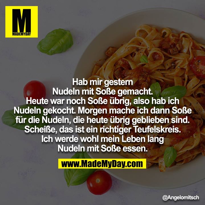 Hab mir gestern Nudeln mit Soße gemacht. Heute war noch Soße übrig, also hab ich Nudeln gekocht. Morgen mache ich dann Soße für die Nudeln, die heute übrig geblieben sind. Scheiße, das ist ein richtiger Teufelskreis. Ich werde wohl mein Leben lang Nudeln mit Soße essen.