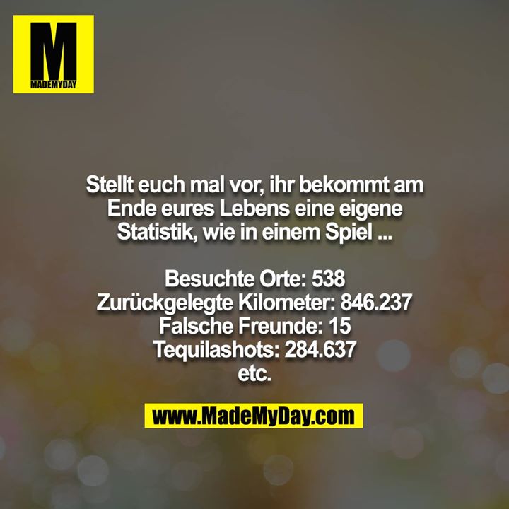 Stellt euch mal vor, ihr bekommt am Ende eures Lebens eine eigene Statistik, wie in einem Spiel ...<br />
<br />
Besuchte Orte: 538<br />
Zurückgelegte Kilometer: 846.237<br />
Falsche Freunde: 15<br />
Tequilashots: 284.637<br />
etc.