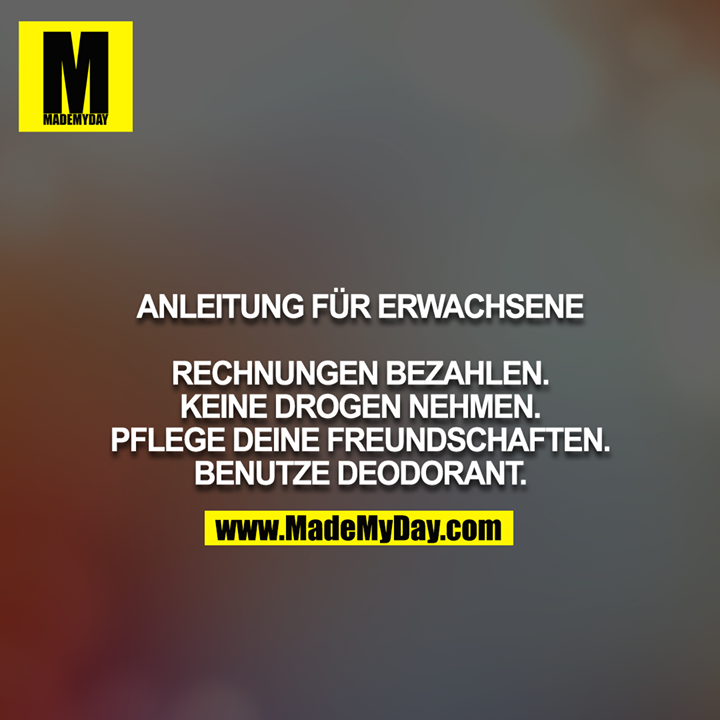 Anleitung für Erwachsene<br />
<br />
Rechnungen bezahlen.<br />
Keine Drogen nehmen.<br />
Pflege deine Freundschaften.<br />
Benutze Deodorant.