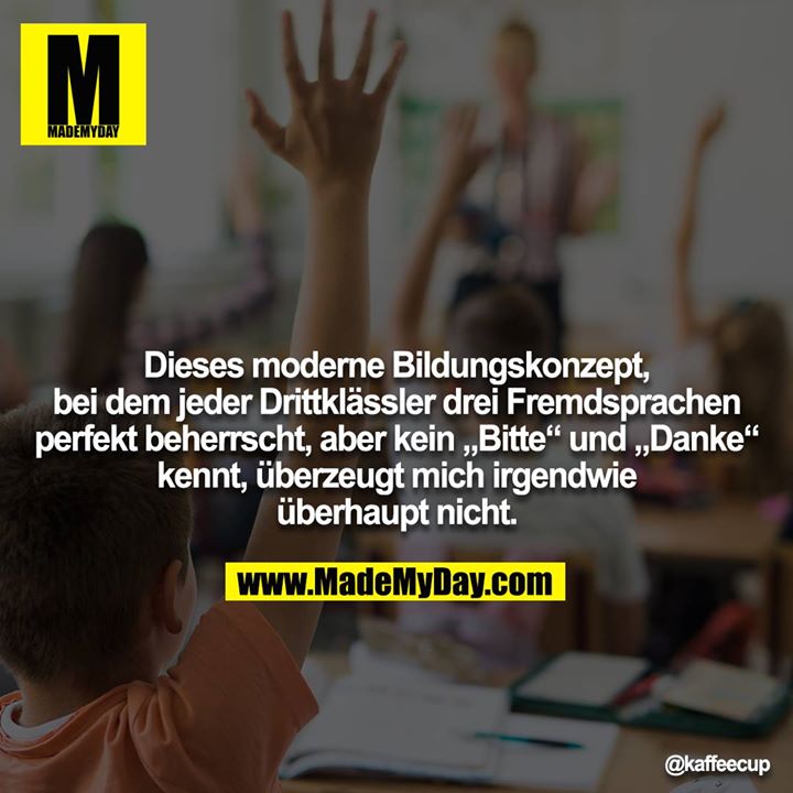 Dieses moderne Bildungskonzept, bei dem jeder Drittklässler drei Fremdsprachen perfekt beherrscht, aber kein „Bitte“ und „Danke“ kennt, überzeugt mich irgendwie überhaupt nicht.