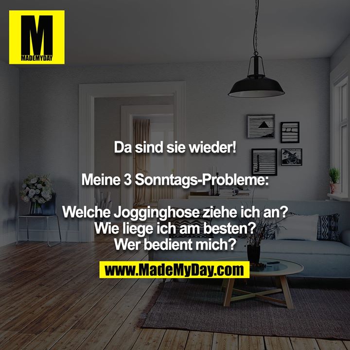 Da sind sie wieder!<br />
<br />
Meine 3 Sonntags-Probleme:<br />
<br />
Welche Jogginghose ziehe ich an?<br />
Wie liege ich am besten?<br />
Wer bedient mich?