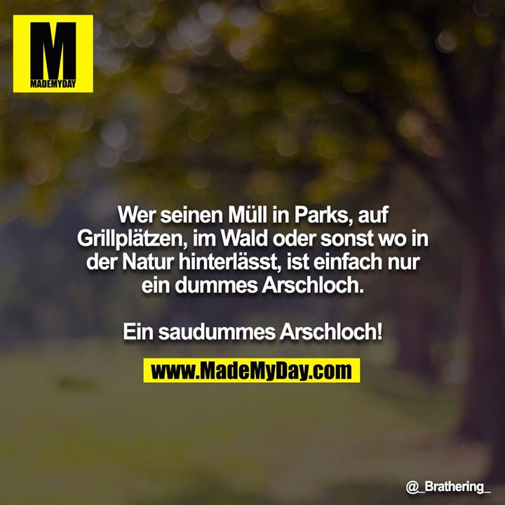 Wer seinen Müll in Parks, auf Grillplätzen, im Wald oder sonst wo in der Natur hinterläßt, ist einfach nur ein dummes Arschloch. Ein saudummes Arschloch!