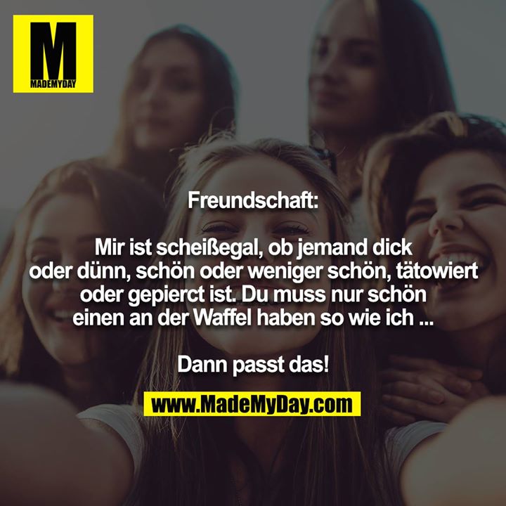 Freundschaft:<br />
<br />
Mir ist scheißegal, ob jemand dick oder dünn, schön oder weniger schön, tätowiert oder gepierct ist. Du muss nur schön einen an der Waffel haben so wie ich ...<br />
<br />
Dann passt das!
