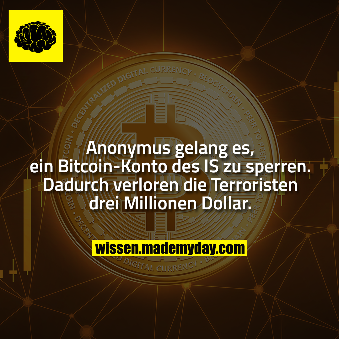 Anonymus gelang es, ein Bitcoin-Konto des IS zu sperren. Dadurch verloren die Terroristen drei Millionen Dollar.