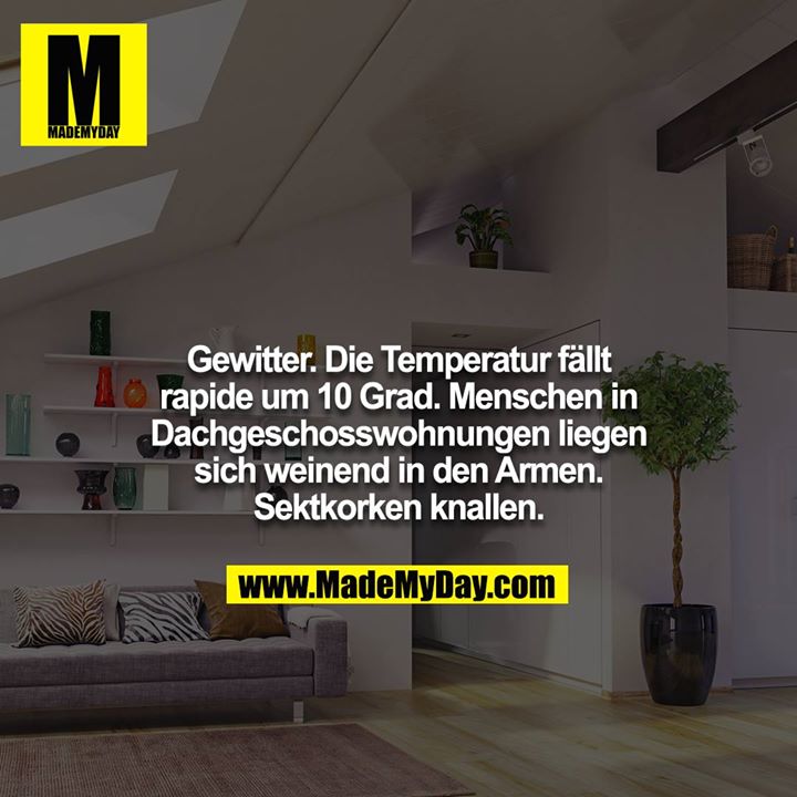 Gewitter. Die Temperatur fällt rapide um 10 Grad. Menschen in Dachgeschosswohnungen liegen sich weinend in den Armen. Sektkorken knallen.