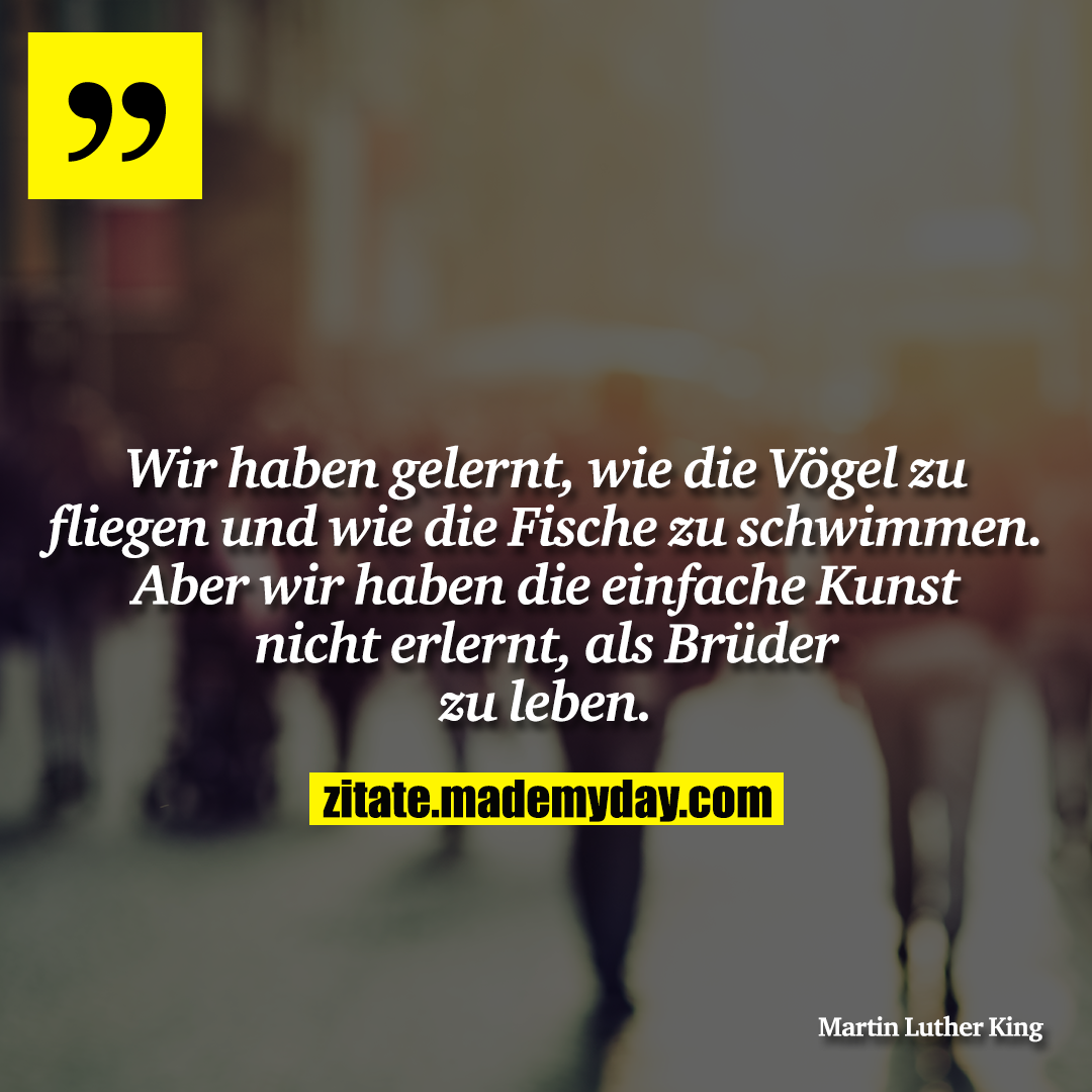 Wir haben gelernt, wie die Vögel zu fliegen und wie die Fische zu schwimmen. Aber wir haben die einfache Kunst nicht erlernt, als Brüder zu leben.