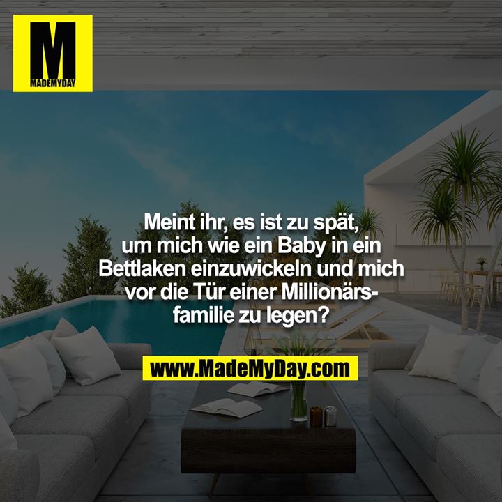 Meint ihr, es ist zu spät, um mich wie ein Baby in ein Bettlaken einzuwickeln und mich vor die Tür einer Millionärsfamilie zu legen?