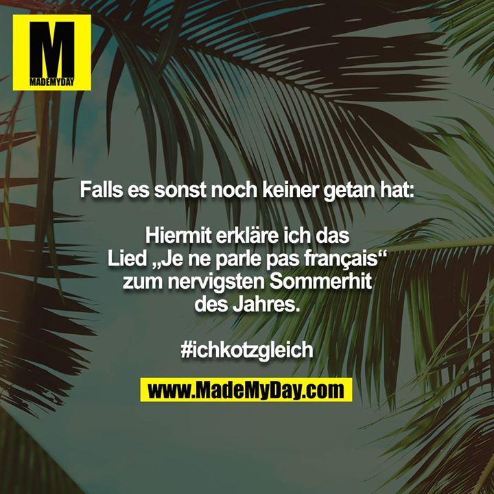 Falls es sonst noch keiner getan hat:<br />
<br />
Hiermit erkläre ich das Lied „Je ne parle pas français“ zum nervigsten Sommerhit des Jahres.<br />
<br />
#ichkotzgleich