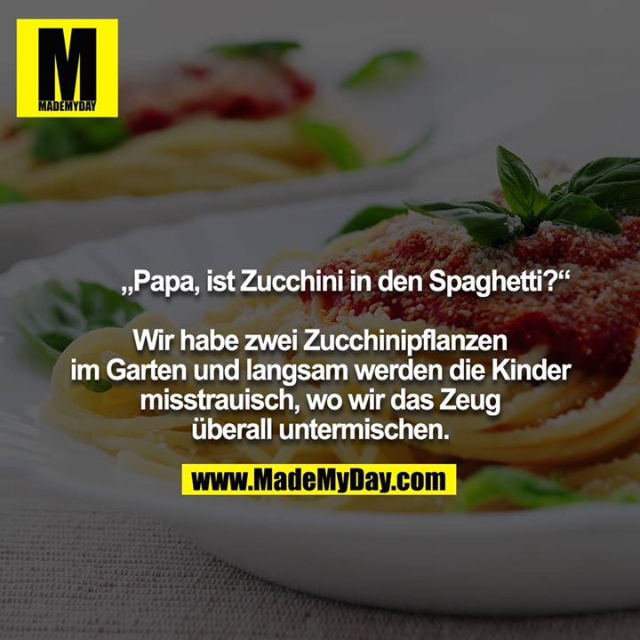 „Papa, ist Zucchini in den Spaghetti?“<br />
<br />
Wir habe zwei Zucchinipflanzen im Garten und langsam werden die Kinder misstrauisch, wo wir das Zeug überall untermischen.