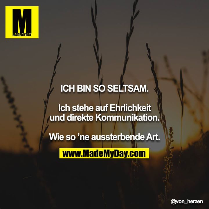 ICH BIN SO SELTSAM.<br />
<br />
Ich stehe auf Ehrlichkeit und direkte Kommunikation.<br />
<br />
Wie so ’ne aussterbende Art.