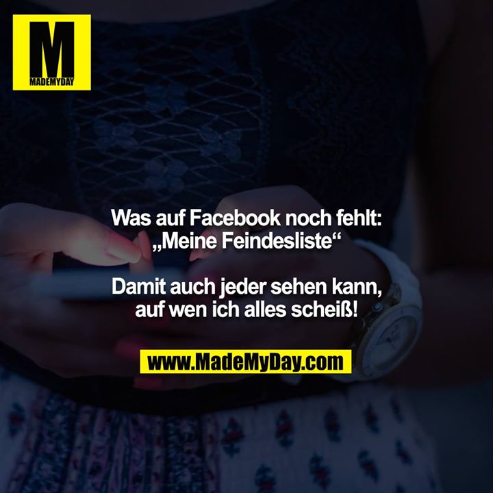 Was auf Facebook noch fehlt:<br />
„Meine Feindesliste“<br />
<br />
Damit auch jeder sehen kann, auf wen ich alles scheiß!