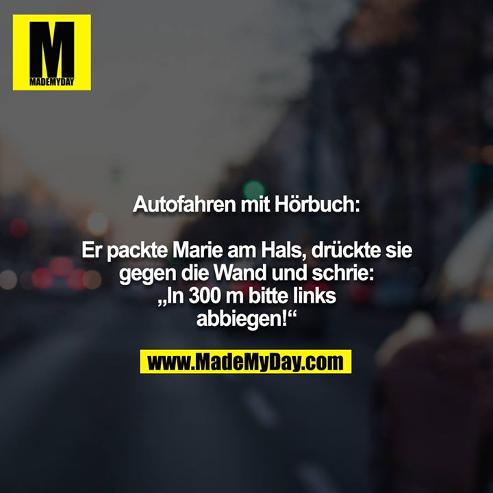 Autofahren mit Hörbuch:<br />
<br />
Er packte Marie am Hals, drückte sie gegen die Wand und schrie: „In 300 m bitte links abbiegen!“