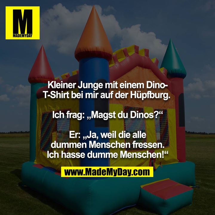 Kleiner Junge mit einem Dino-T-Shirt bei mir auf der Hüpfburg. <br />
<br />
Ich frag: „Magst du Dinos?“<br />
<br />
Er: „Ja, weil die alle dummen Menschen fressen. Ich hasse dumme Menschen!“