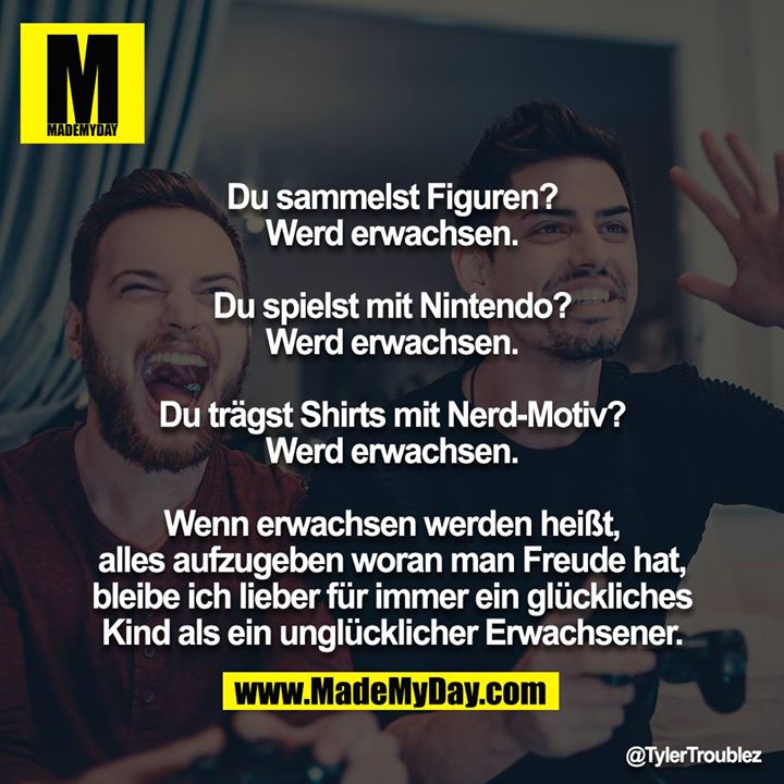 Du sammelst Figuren?<br />
Werd erwachsen.<br />
<br />
Du spielst mit Nintendo?<br />
Werd erwachsen.<br />
<br />
Du trägst Shirts mit Nerd-Motiv?<br />
Werd erwachsen.<br />
<br />
Wenn erwachsen werden heißt, alles aufzugeben woran man Freude hat, bleibe ich lieber für immer ein glückliches<br />
Kind als ein unglücklicher Erwachsener.