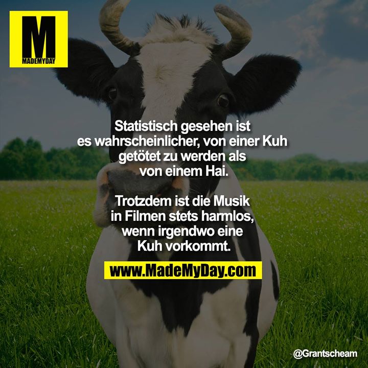 Statistisch gesehen ist es wahrscheinlicher, von einer Kuh getötet zu werden als von einem Hai.<br />
<br />
Trotzdem ist die Musik in Filmen stets harmlos, wenn irgendwo eine Kuh vorkommt.