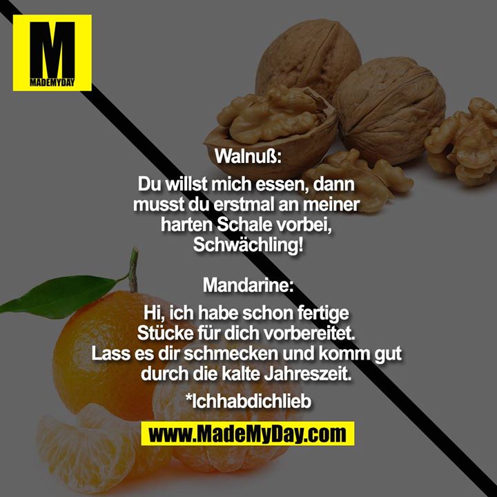 Walnuß:<br />
Du willst mich essen, dann musst du erstmal an meiner harten Schale vorbei, Schwächling!<br />
<br />
Mandarine:<br />
Hi, ich habe schon fertige Stücke für dich vorbereitet. Lass es dir schmecken und komm gut durch die kalte Jahreszeit. <br />
*Ichhabdichlieb