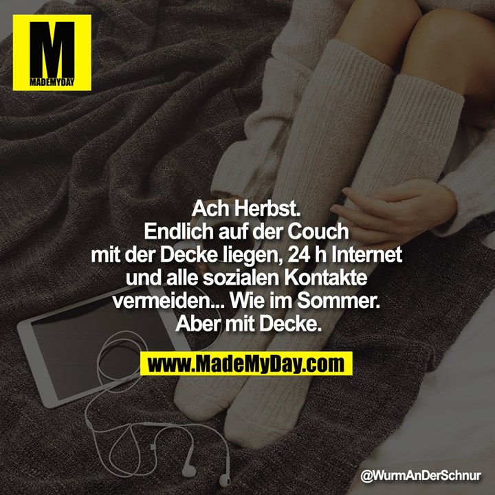 Ach Herbst. Endlich auf der Couch mit der Decke liegen, 24 h Internet und alle sozialen Kontakte vermeiden... Wie im Sommer. Aber mit Decke.