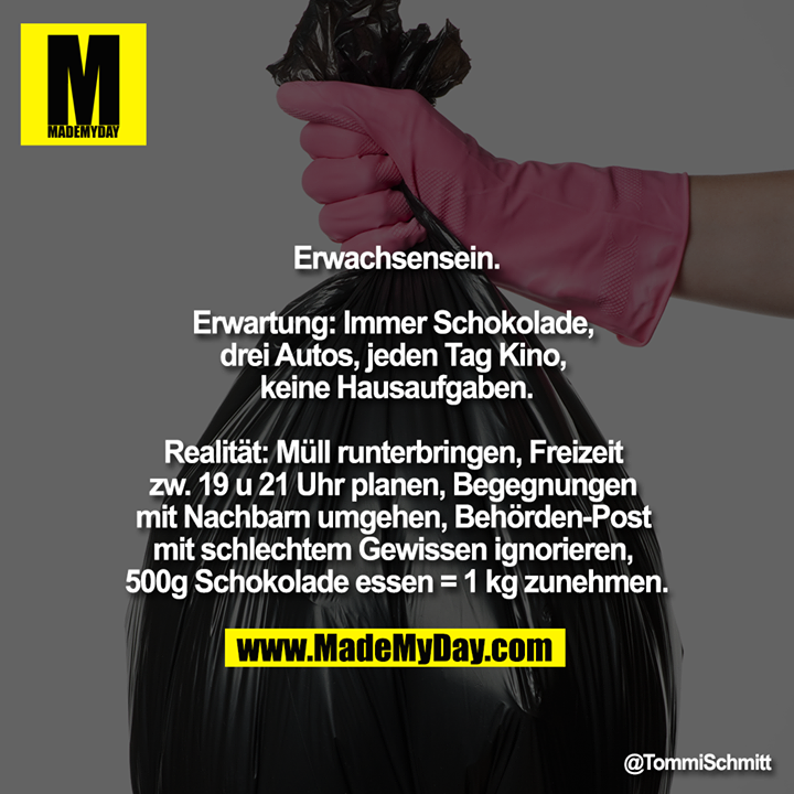 Erwachsensein.<br />
<br />
Erwartung: Immer Schokolade, drei Autos, jeden Tag Kino, keine Hausaufgaben.<br />
<br />
Realität: Müll runterbringen, Freizeit zw. 19 u 21 Uhr planen, Begegnungen mit Nachbarn umgehen, Behörden-Post mit schlechtem Gewissen ignorieren, 500g Schokolade essen = 1 kg zunehmen.