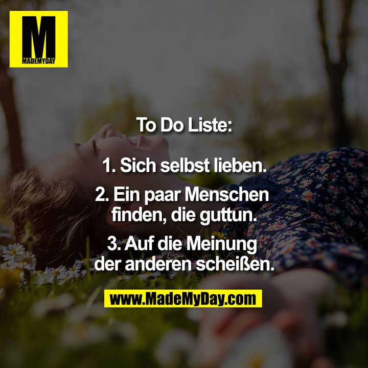To Do Liste:<br />
<br />
1. Sich selbst lieben.<br />
<br />
2. Ein paar Menschen finden, die guttun.<br />
<br />
3. Auf die Meinung der anderen scheißen.