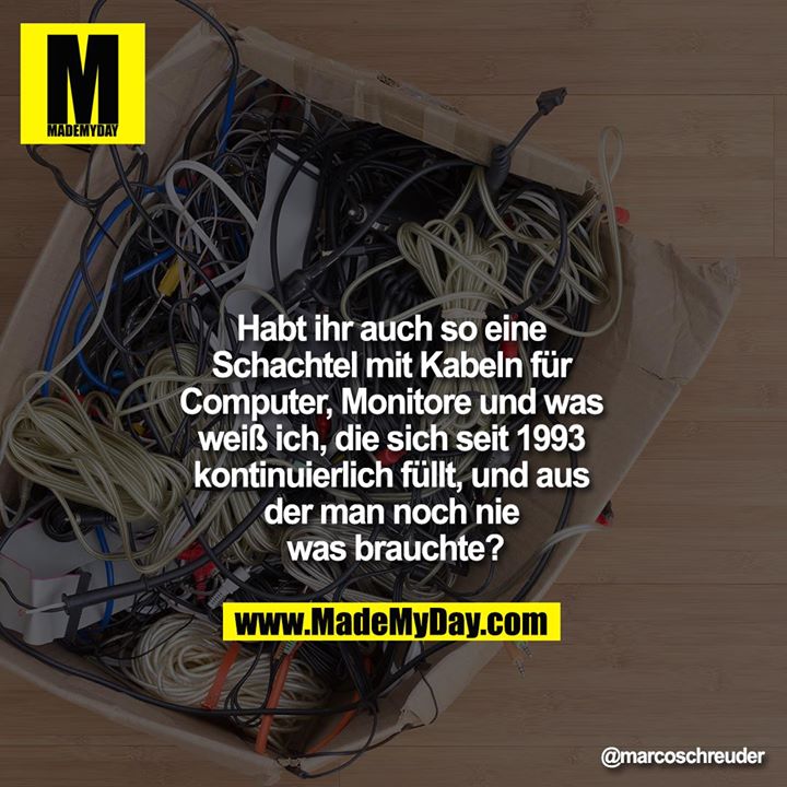 Habt ihr auch so eine Schachtel mit Kabeln für Computer, Monitore und was weiß ich, die sich seit 1993 kontinuierlich füllt, und aus der man noch nie was brauchte?