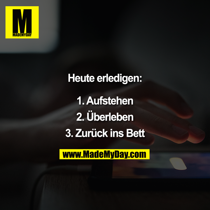 Heute erledigen:<br />
<br />
1. Aufstehen<br />
2. Überleben<br />
3. Zurück ins Bett
