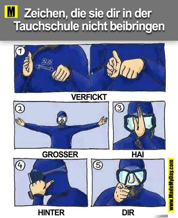 Zeichen, die sie dir in der Tauchschule nicht beibringen.<br />
VERFICKT<br />
GROSSER<br />
HAI<br />
HINTER<br />
DIR