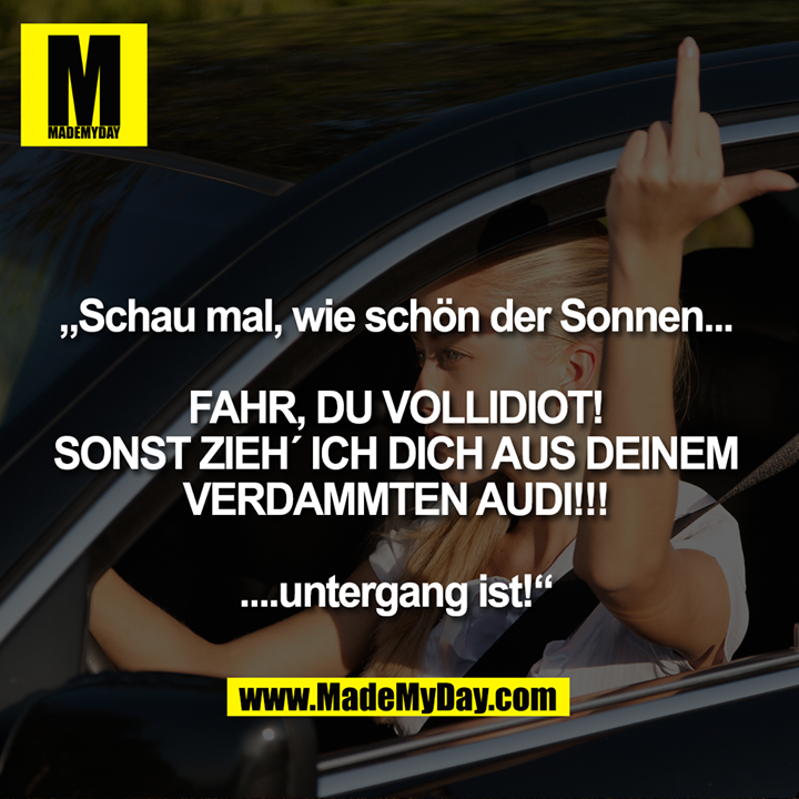 „Schau mal wie schön der Sonnen... FAHR DU VOLLIDIOT, SONST ZIEH`ICH DICH AUS DEINEM VERDAMMTEN AUDI ....untergang ist!“