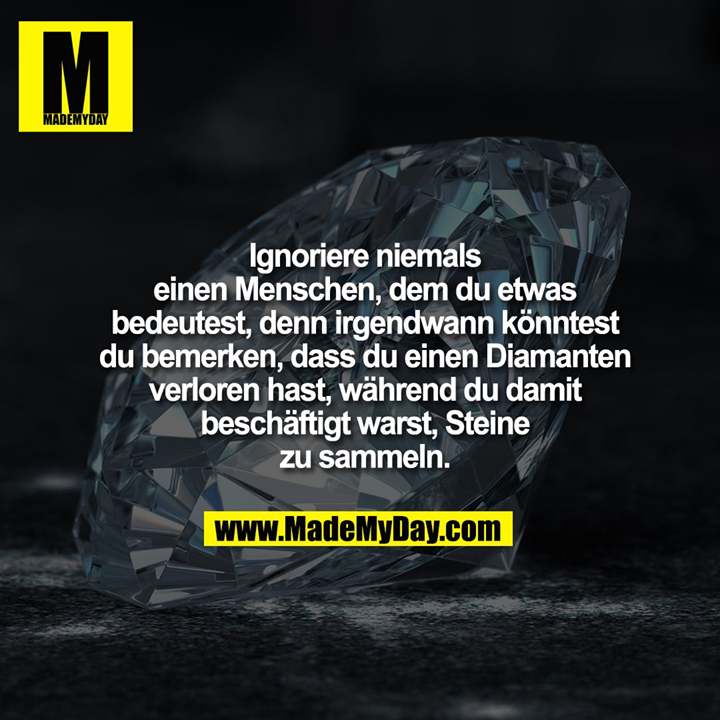 Ignoriere niemals einen Menschen, dem du etwas bedeutest, denn irgendwann könntest du bemerken, dass du einen Diamanten verloren hast, während du damit beschäftigt warst, Steine zu sammeln.