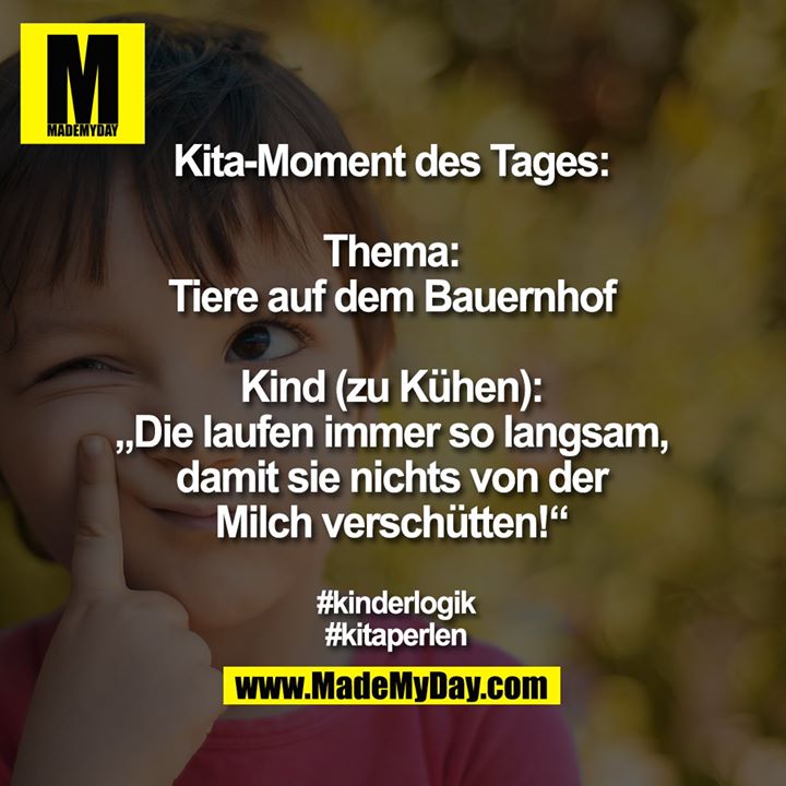 Kita-Moment des Tages:<br />
<br />
Thema:<br />
Tiere auf dem Bauernhof<br />
<br />
Kind (zu Kühen):<br />
„Die laufen immer so langsam,<br />
damit sie nichts von der<br />
Milch verschütten!“<br />
<br />
#kinderlogik<br />
#kitaperlen