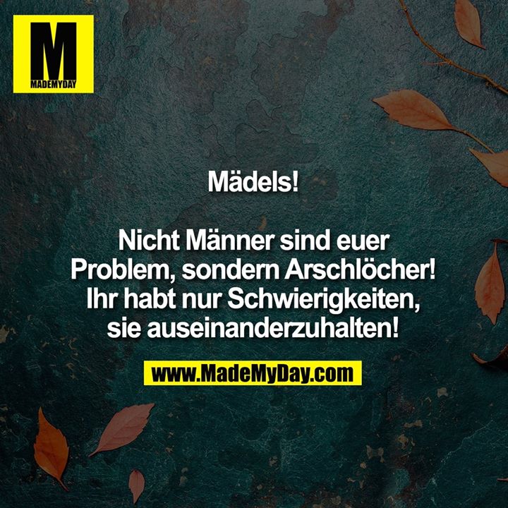 Mädels!<br />
<br />
Nicht Männer sind euer<br />
Problem, sondern Arschlöcher!<br />
Ihr habt nur Schwierigkeiten,<br />
sie auseinanderzuhalten!